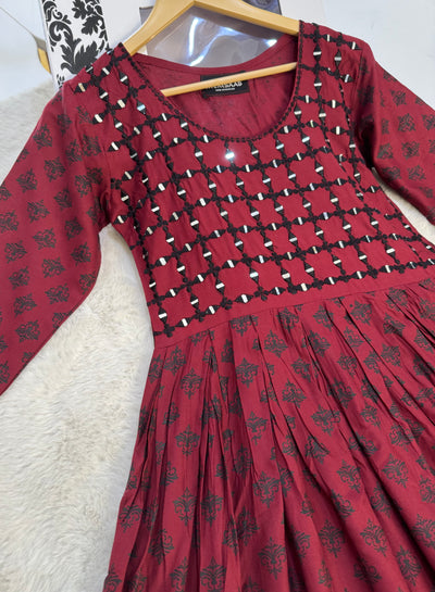 HK56 Bariqa - maroon Embroidered Linen Frock - Memsaab Online