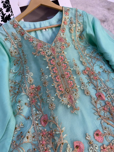 ASK663 Readymade Organza Green Suit - Memsaab Online