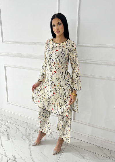 BUT-112 - Cream - S.Prints Printed Lawn Co-ords - Memsaab Online