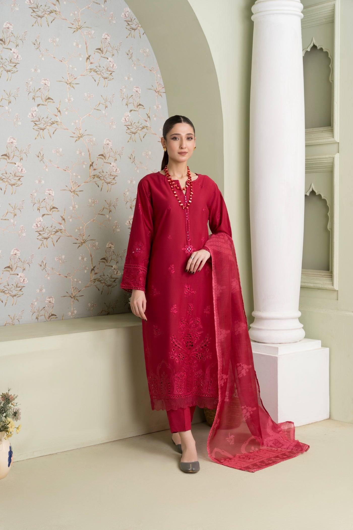MSBMT-17 - Vanzila - Red Readymade Outfit - 3 Piece Suit 2025 - Memsaab Online
