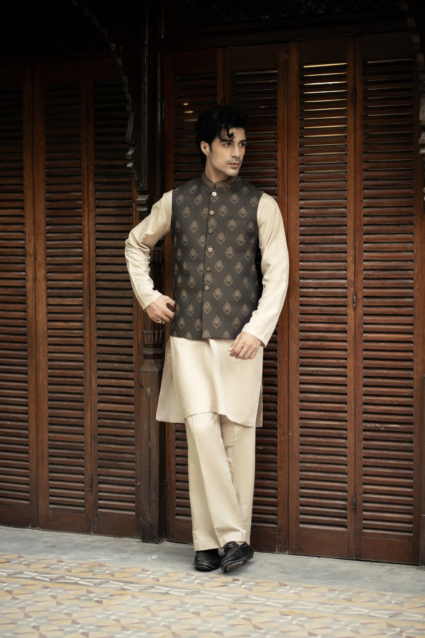 W-2891 - Readymade Jackard Self Design With Hand Embroidery Waistcoat - Memsaab Online