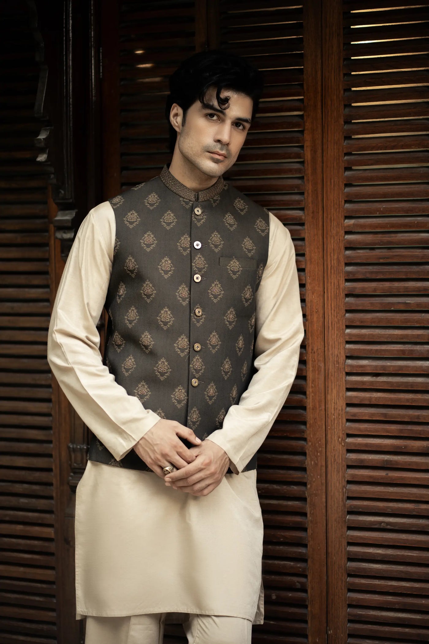 W-2891 - Readymade Jackard Self Design With Hand Embroidery Waistcoat - Memsaab Online