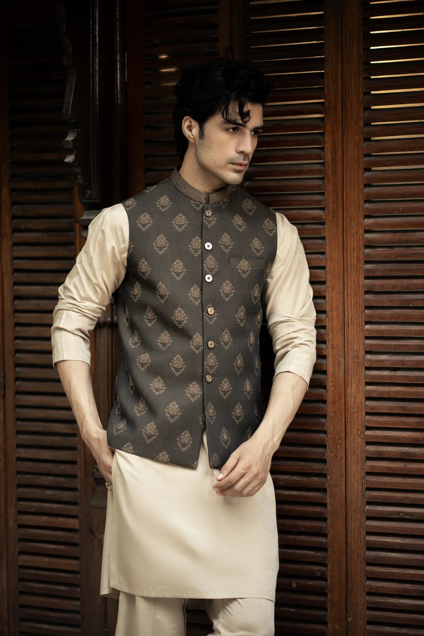 W-2891 - Readymade Jackard Self Design With Hand Embroidery Waistcoat - Memsaab Online