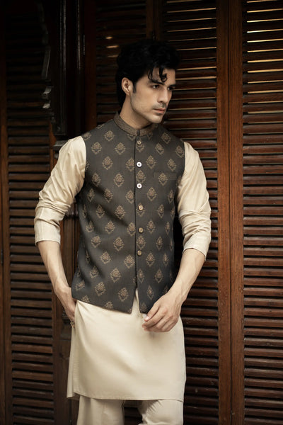 W-2891 - Readymade Jackard Self Design With Hand Embroidery Waistcoat - Memsaab Online