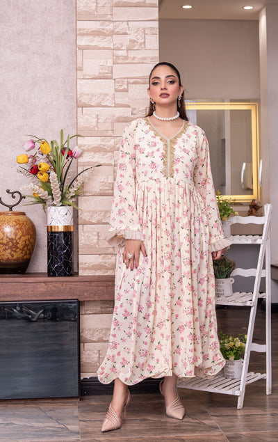 FK-309- Cream - Readymade Frock Georgette Outfit 2025 - Memsaab Online