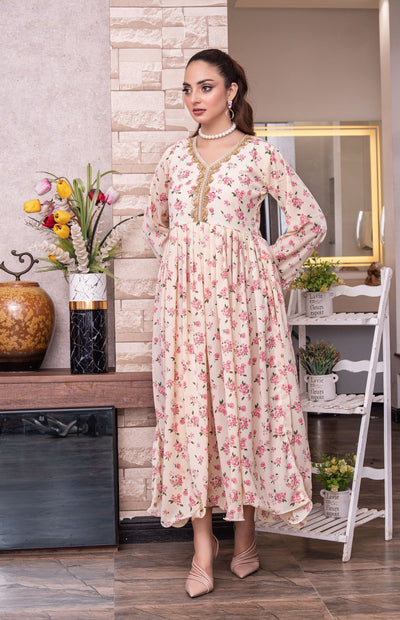 FK-309- Cream - Readymade Frock Georgette Outfit 2025 - Memsaab Online