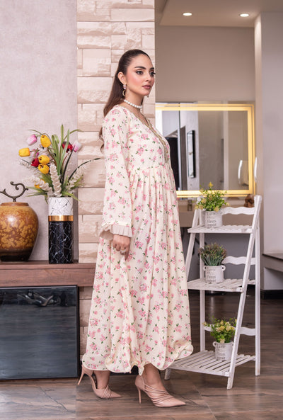 FK-309- Cream - Readymade Frock Georgette Outfit 2025 - Memsaab Online