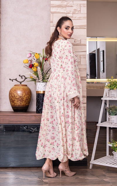 FK-309- Cream - Readymade Frock Georgette Outfit 2025 - Memsaab Online