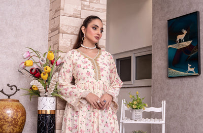 FK-309- Cream - Readymade Frock Georgette Outfit 2025 - Memsaab Online
