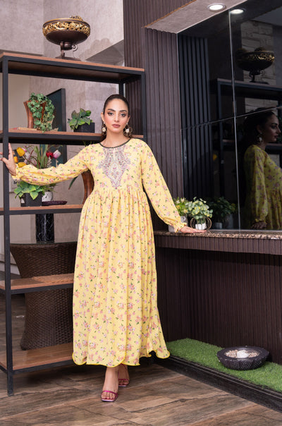 FK-308- Yellow - Readymade Frock Georgette Outfit 2025 - Memsaab Online