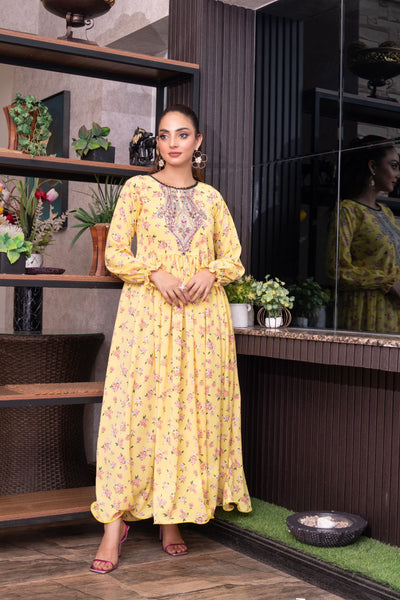FK-308- Yellow - Readymade Frock Georgette Outfit 2025 - Memsaab Online