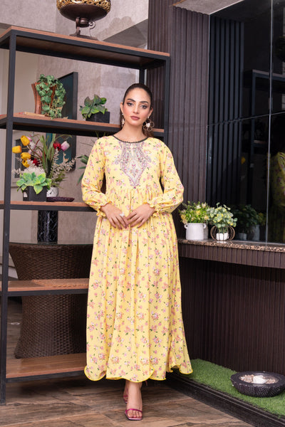 FK-308- Yellow - Readymade Frock Georgette Outfit 2025 - Memsaab Online