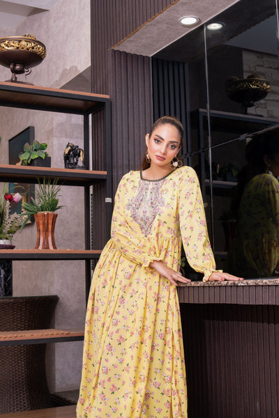 FK-308- Yellow - Readymade Frock Georgette Outfit 2025 - Memsaab Online