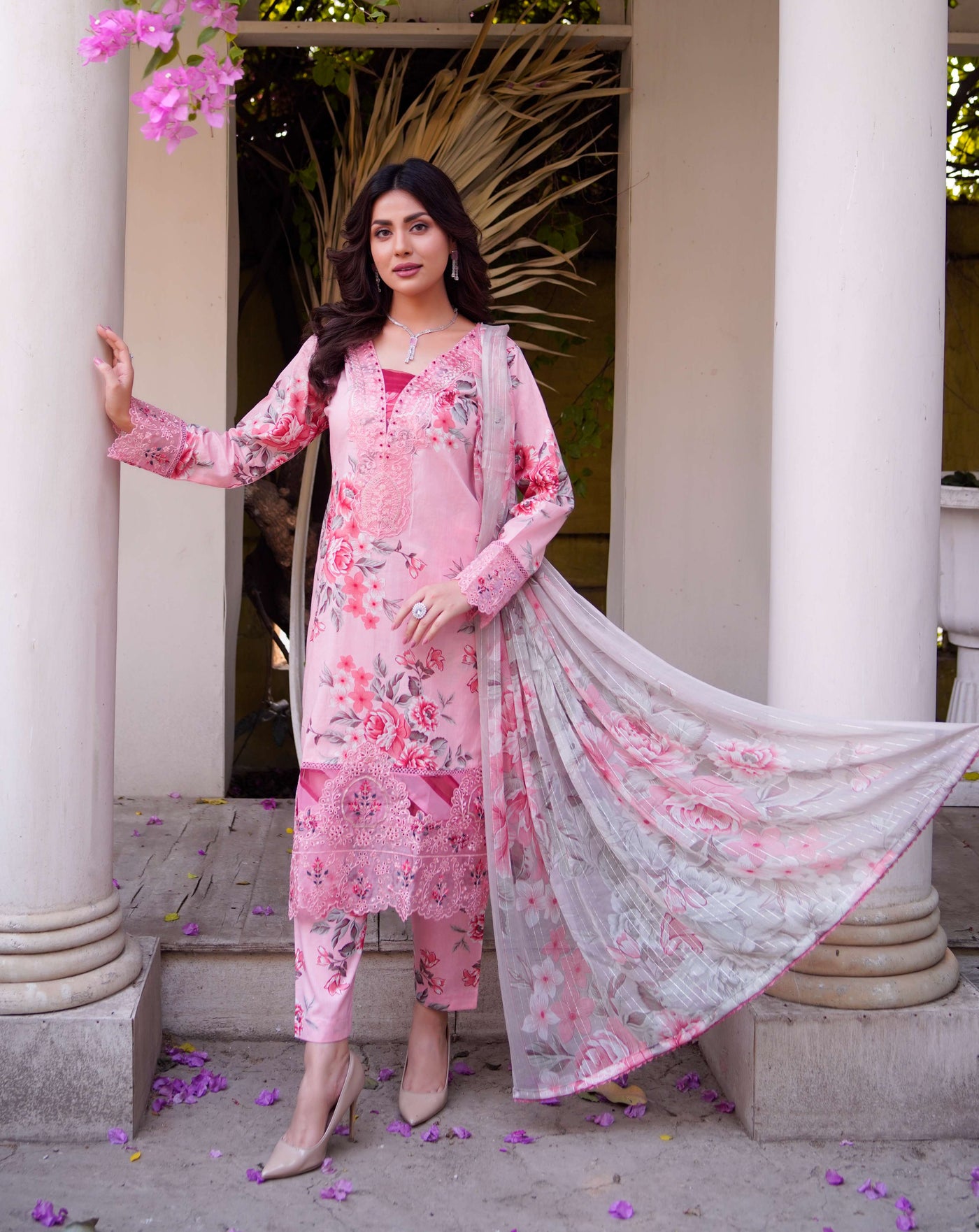 MDNA-14 - Pink Embroidered Lawn Outfit - Memsaab Online