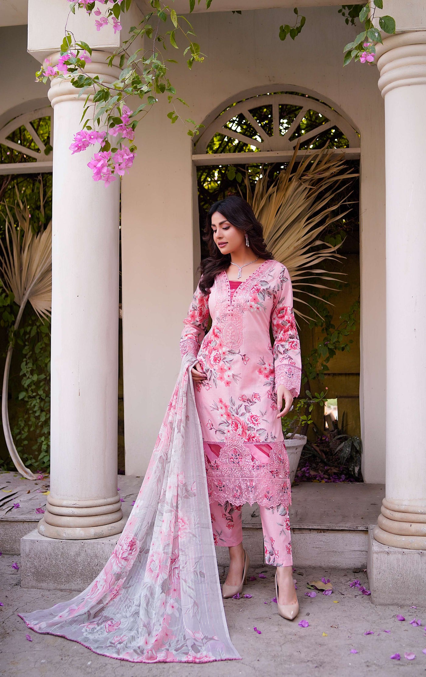 MDNA-14 - Pink Embroidered Lawn Outfit - Memsaab Online