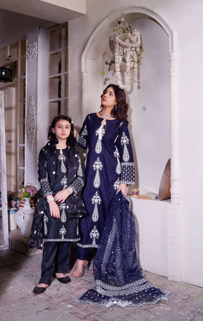 HK299 - Navy - Readymade - Mother & Daughter Linen Outfit 2025 - Memsaab Online