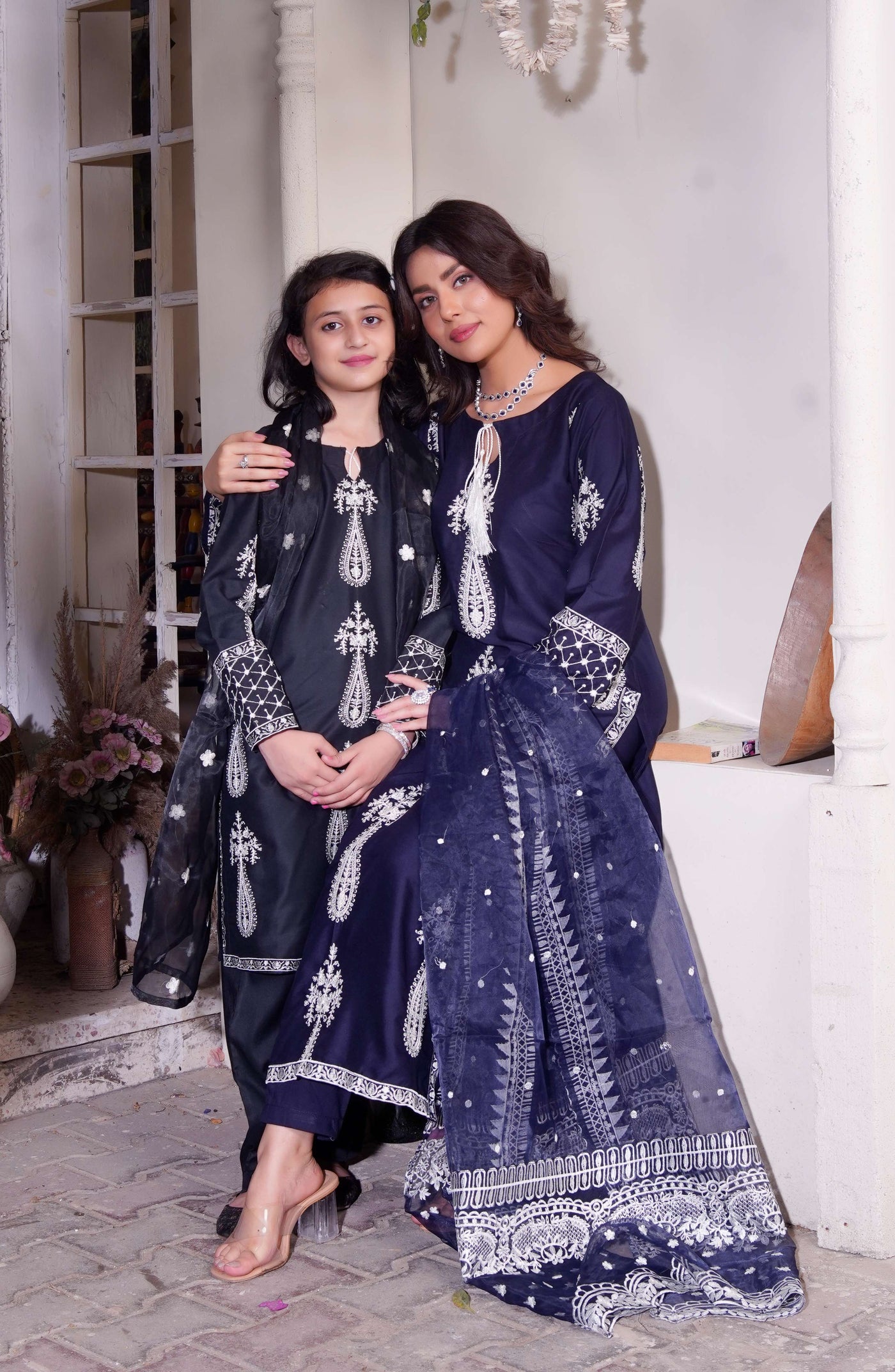 HK299 - Navy - Readymade - Mother & Daughter Linen Outfit 2025 - Memsaab Online