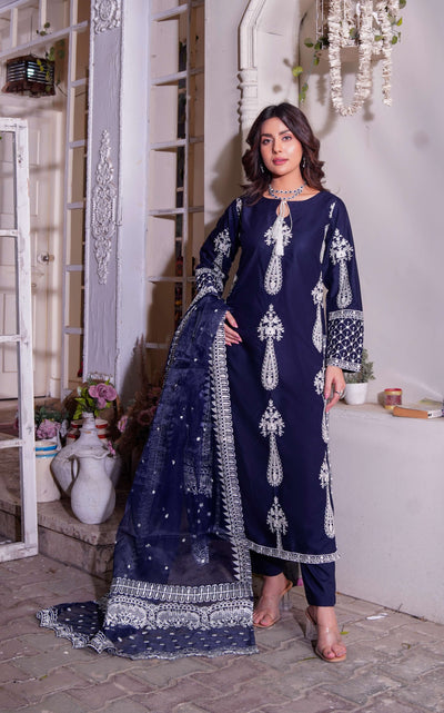 HK299 - Navy - Readymade - Mother & Daughter Linen Outfit 2025 - Memsaab Online