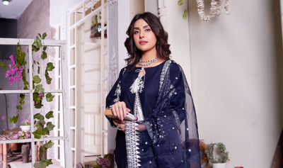 HK299 - Navy - Readymade - Mother & Daughter Linen Outfit 2025 - Memsaab Online