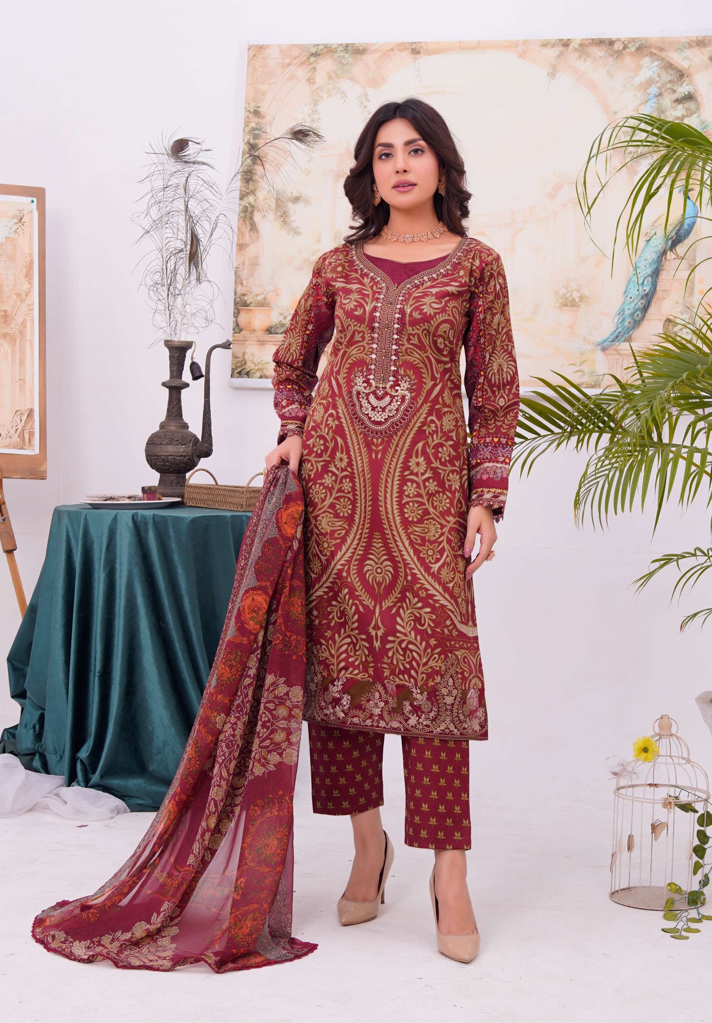 MDNA-09 - Maroon Embroidered Lawn Outfit - Memsaab Online