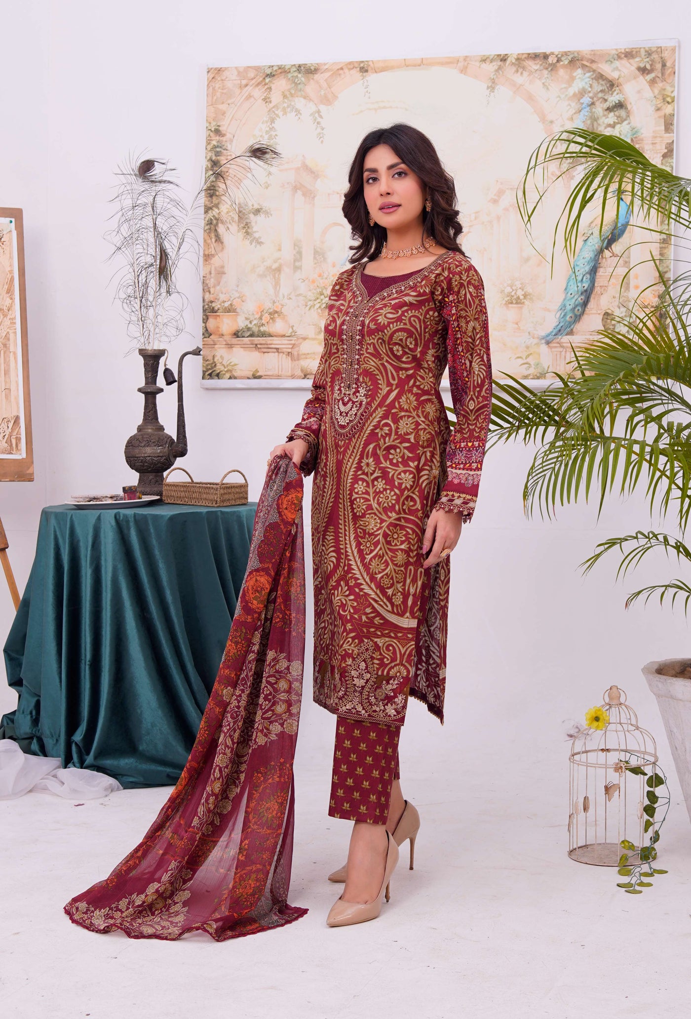 MDNA-09 - Maroon Embroidered Lawn Outfit - Memsaab Online