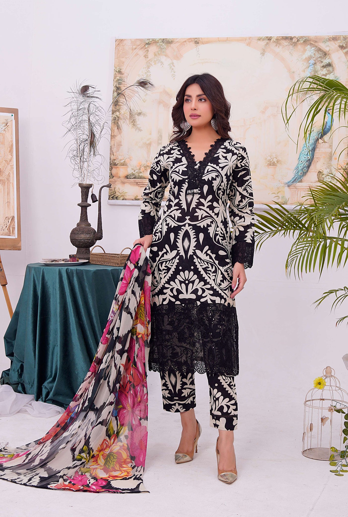 MDNA-07 - Black Embroidered Lawn Outfit - Memsaab Online