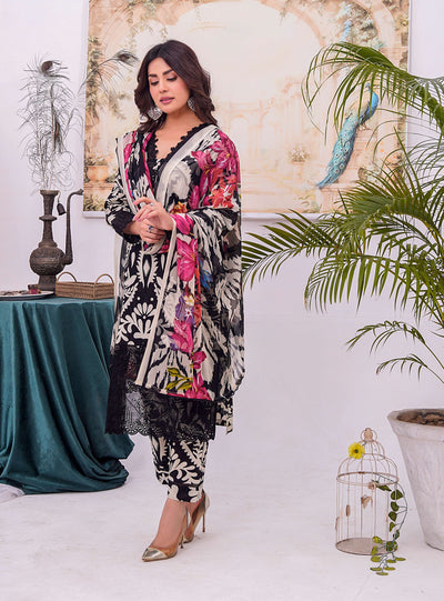 MDNA-07 - Black Embroidered Lawn Outfit - Memsaab Online