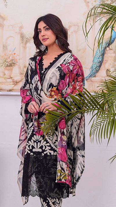 MDNA-07 - Black Embroidered Lawn Outfit - Memsaab Online