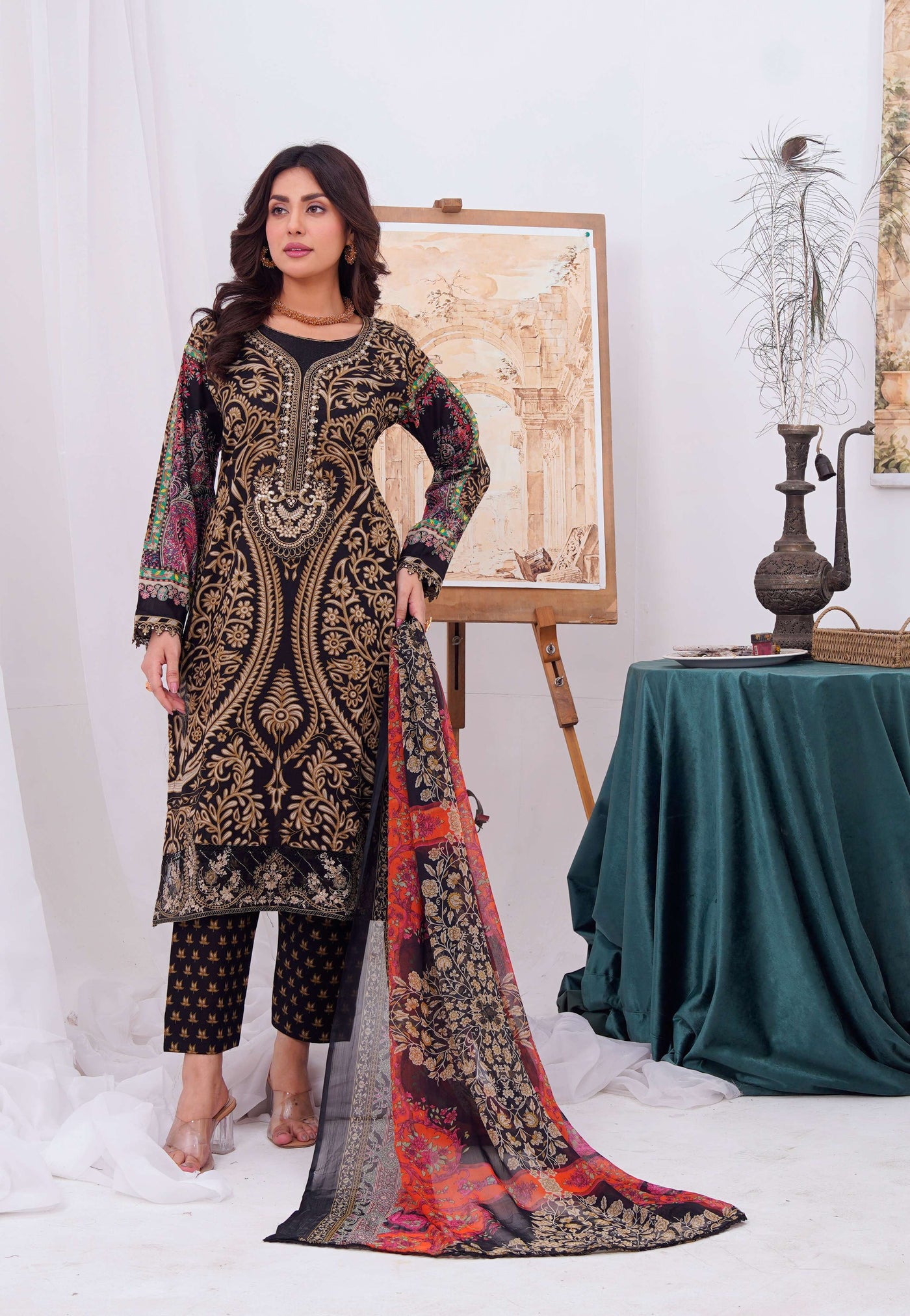 MDNA-06 - Black Embroidered Lawn Outfit - Memsaab Online