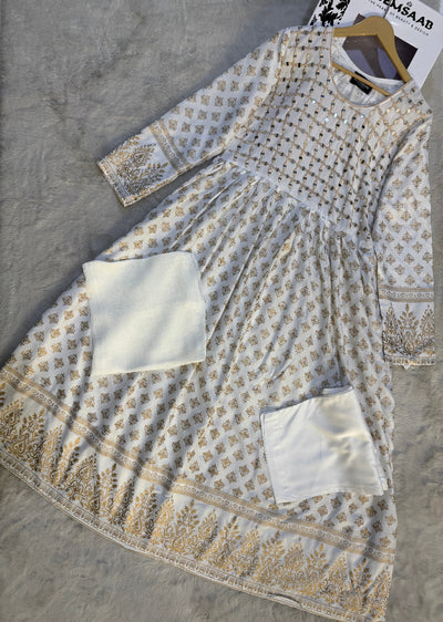 HK56 Bariqa - white Embroidered Linen Frock - Memsaab Online