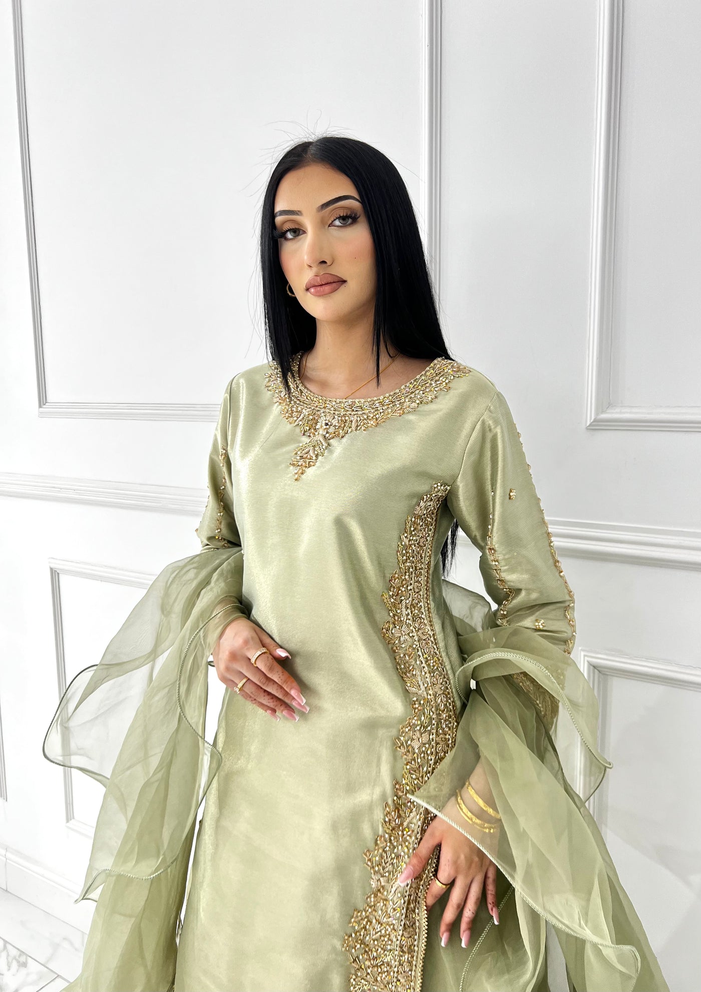 SRB1408 - Saiyaara - Sage Green Sehrish B Designer - Memsaab Online