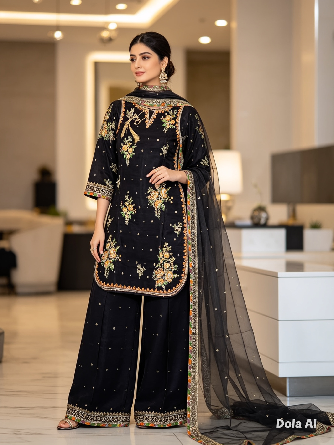 ALA-105 -Elegant Black Embroidered Traditional Suit – Memsaab