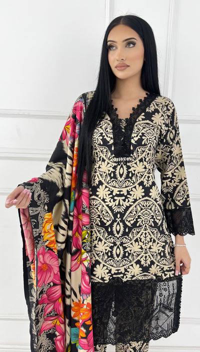 MDNA-07 - Black Embroidered Lawn Outfit