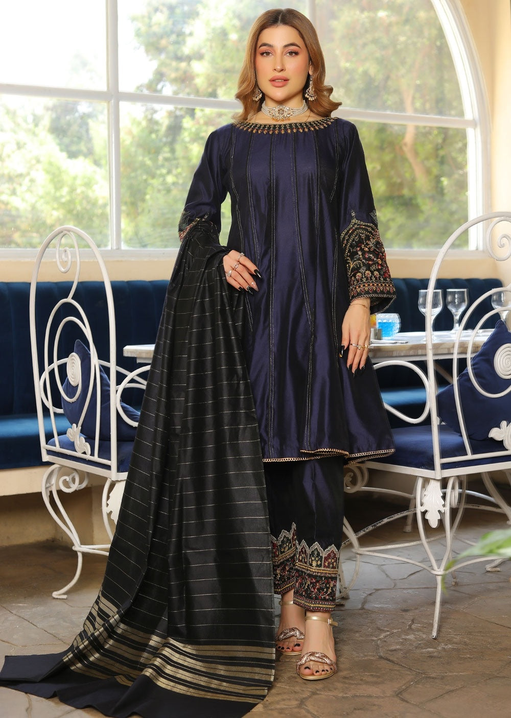 KLD306 Liyana - Navy Readymade Khadi Net Suit - Memsaab Online