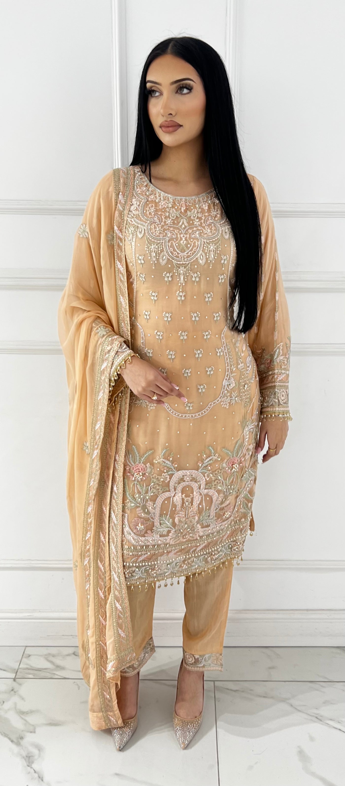 PS1625 Readymade Peach Chiffon Suit - Memsaab Online