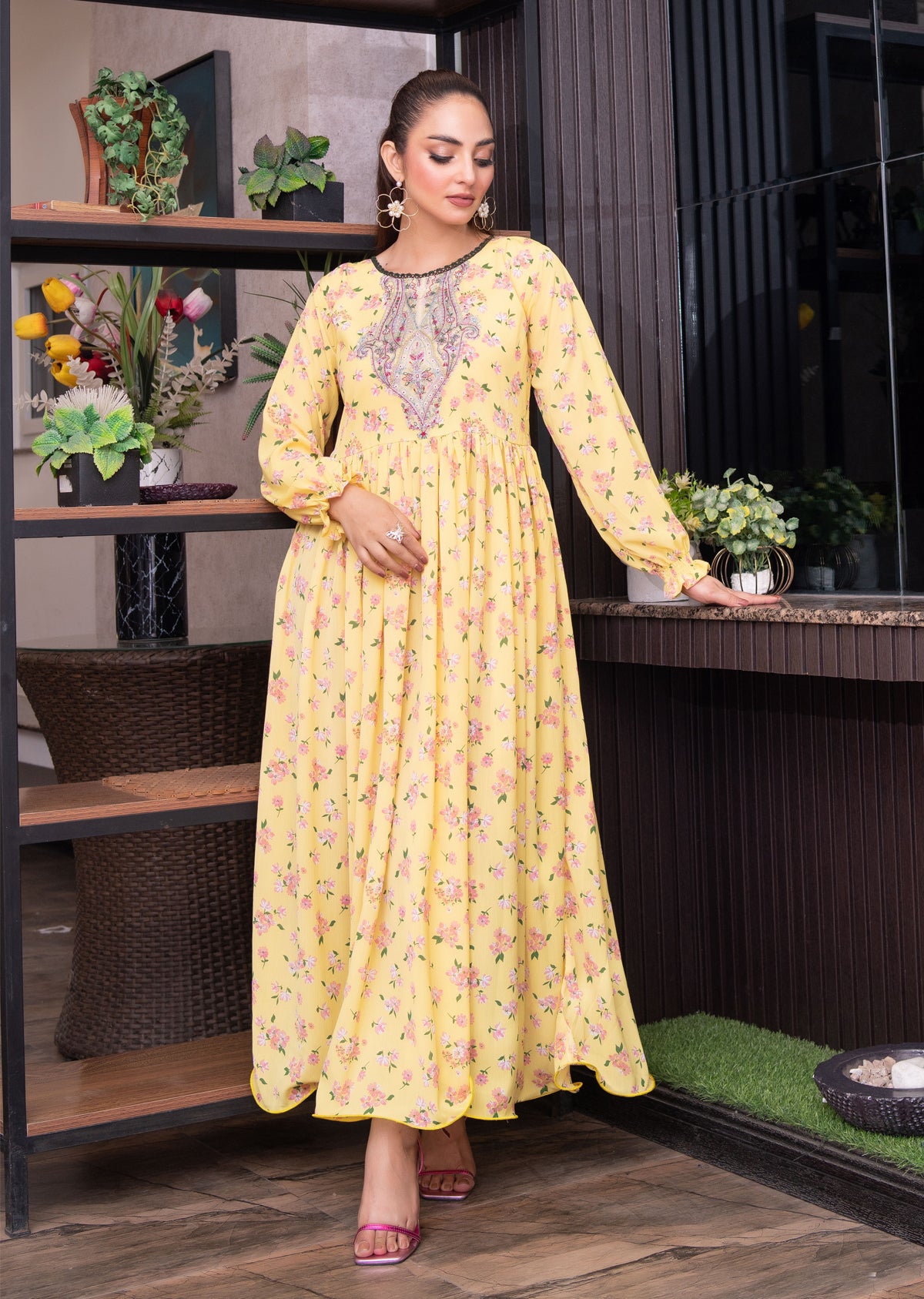 FK-308- Yellow - Readymade Frock Georgette Outfit 2025 - Memsaab Online