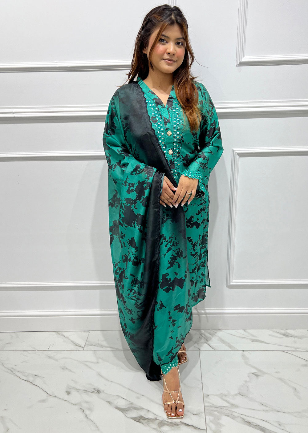 RGZ3002 Readymade Green Hania Silk Outfit - Memsaab Online