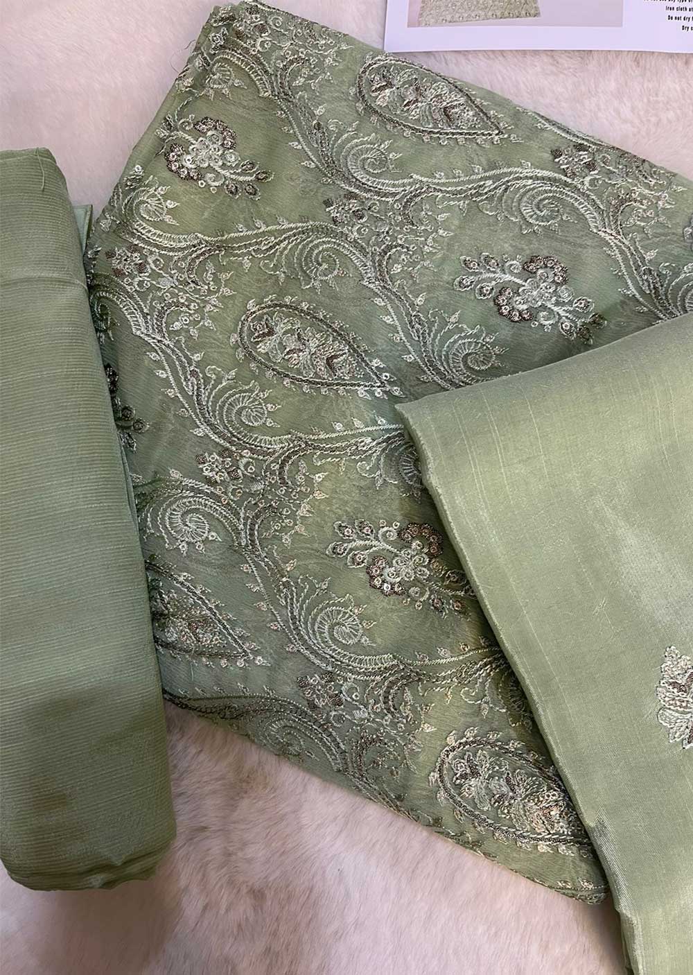 E-04 - Light Green Unstitched Chiffon/Silk Suit - Memsaab Online