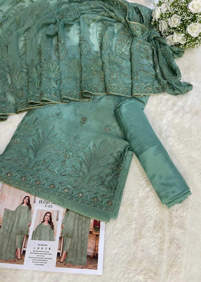 F-05 - Green Unstitched Silk/Chiffon Suit - Memsaab Online