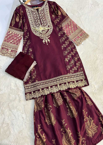 HK181 Bekhud Readymade Maroon Linen Mother & Daughter Suit - Memsaab Online