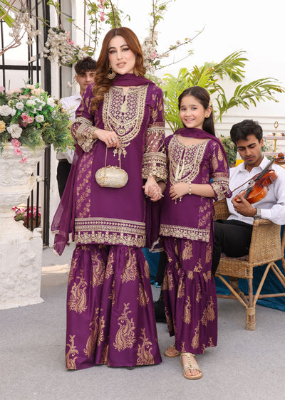 HK181 Bekhud Readymade Purple Linen Mother & Daughter Suit - Memsaab Online