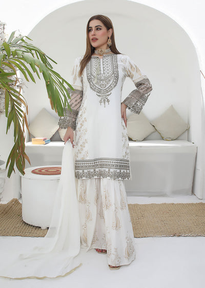 HK181 Bekhud Readymade White Linen Mother & Daughter Suit - Memsaab Online