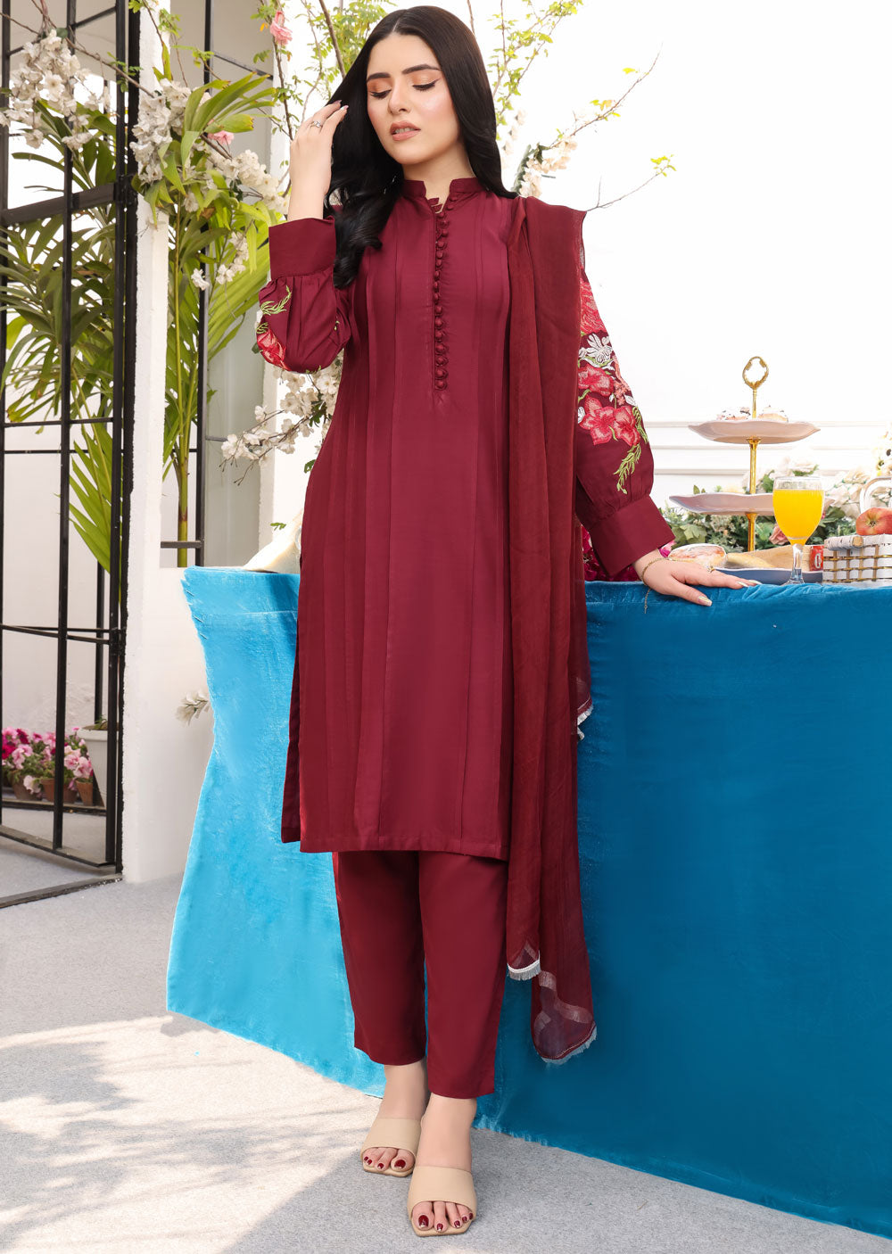 HK232 Paladin - Maroon Linen Readymade Suit - Memsaab Online