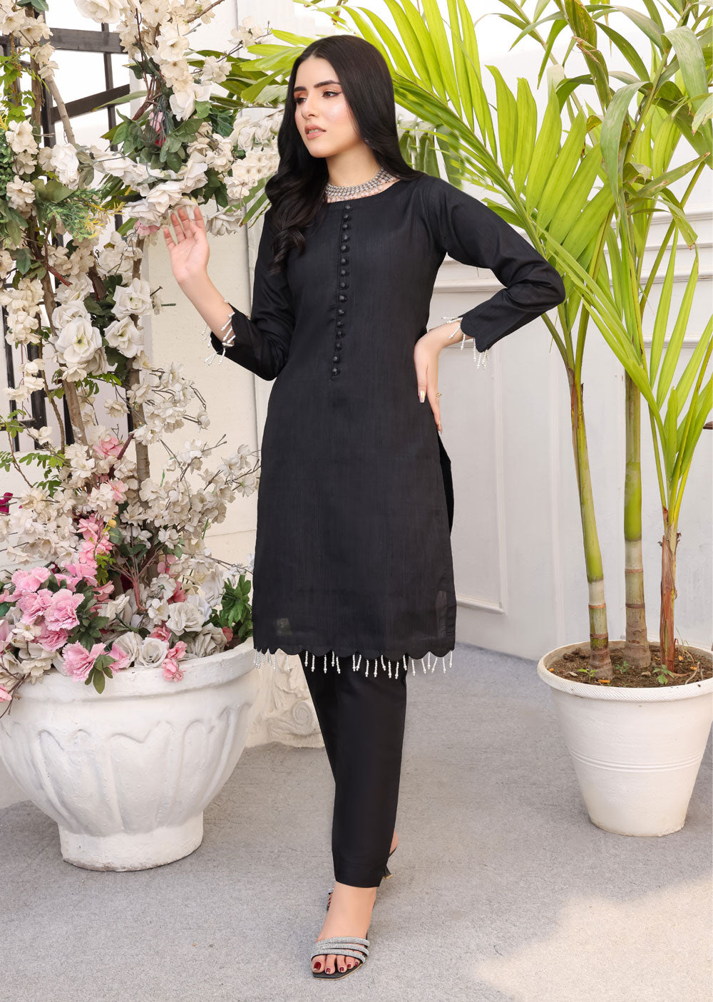 HK233 Saha - Black Readymade Raw Silk Suit - Memsaab Online