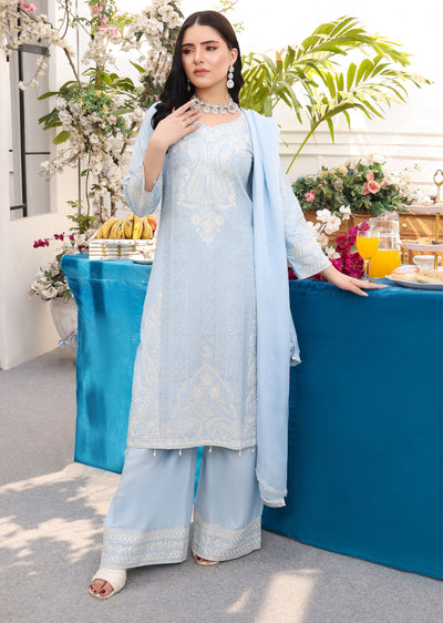 HK234 Jaan - Baby Blue Readymade Linen Suit - Memsaab Online