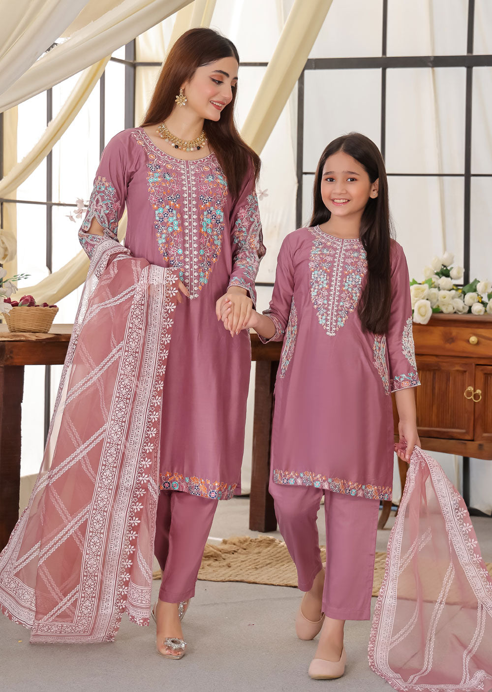 HK248 - Pink Readymade Mummy & Me Linen Suit - Memsaab Online