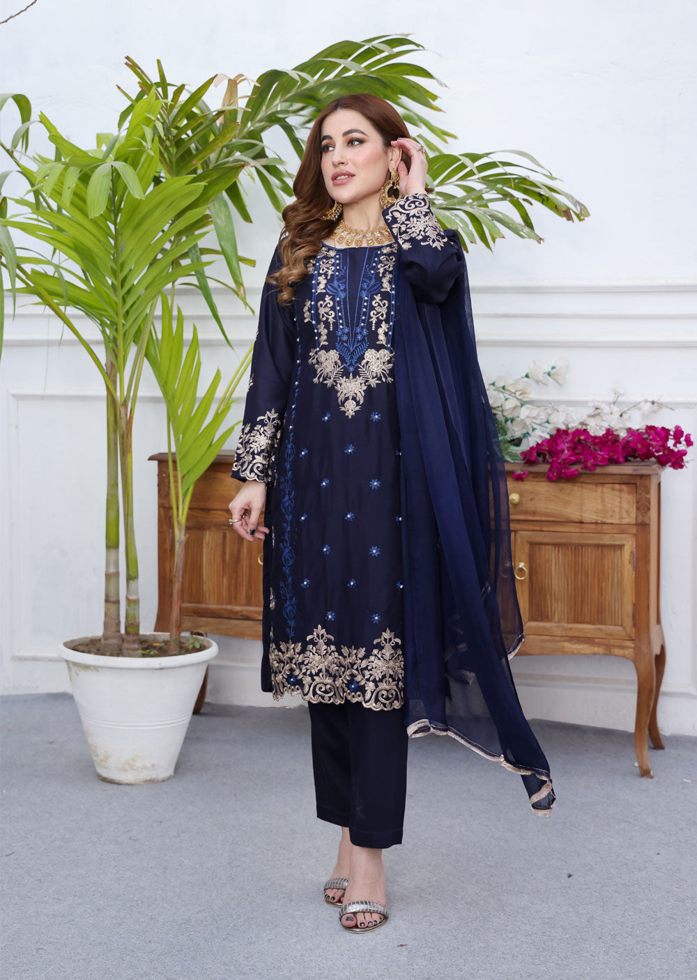 HK249 - Navy Readymade Linen Suit - Memsaab Online