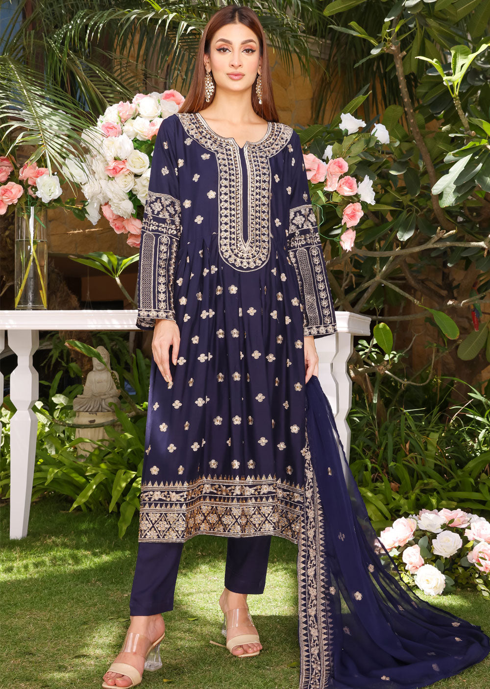 HK258 Zorra - Navy Readymade Linen Dress - Memsaab Online