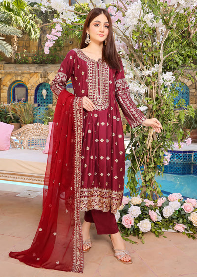 HK258 Zorra - Maroon Readymade Linen Dress - Memsaab Online