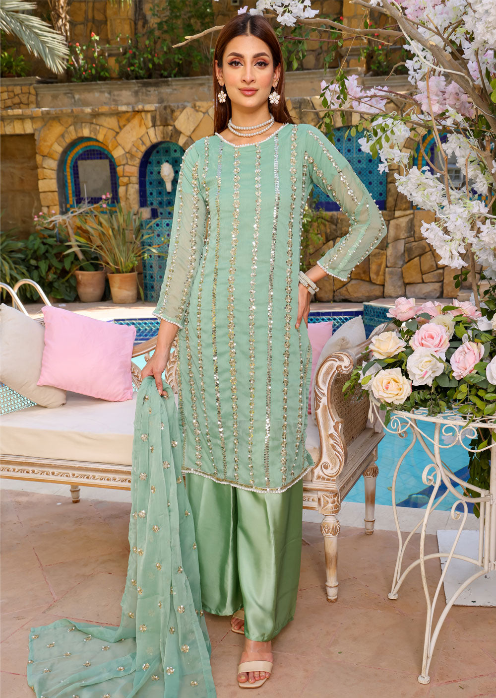 HK260 Zilla - Mint Readymade Mummy n Me Chiffon Suit - Memsaab Online